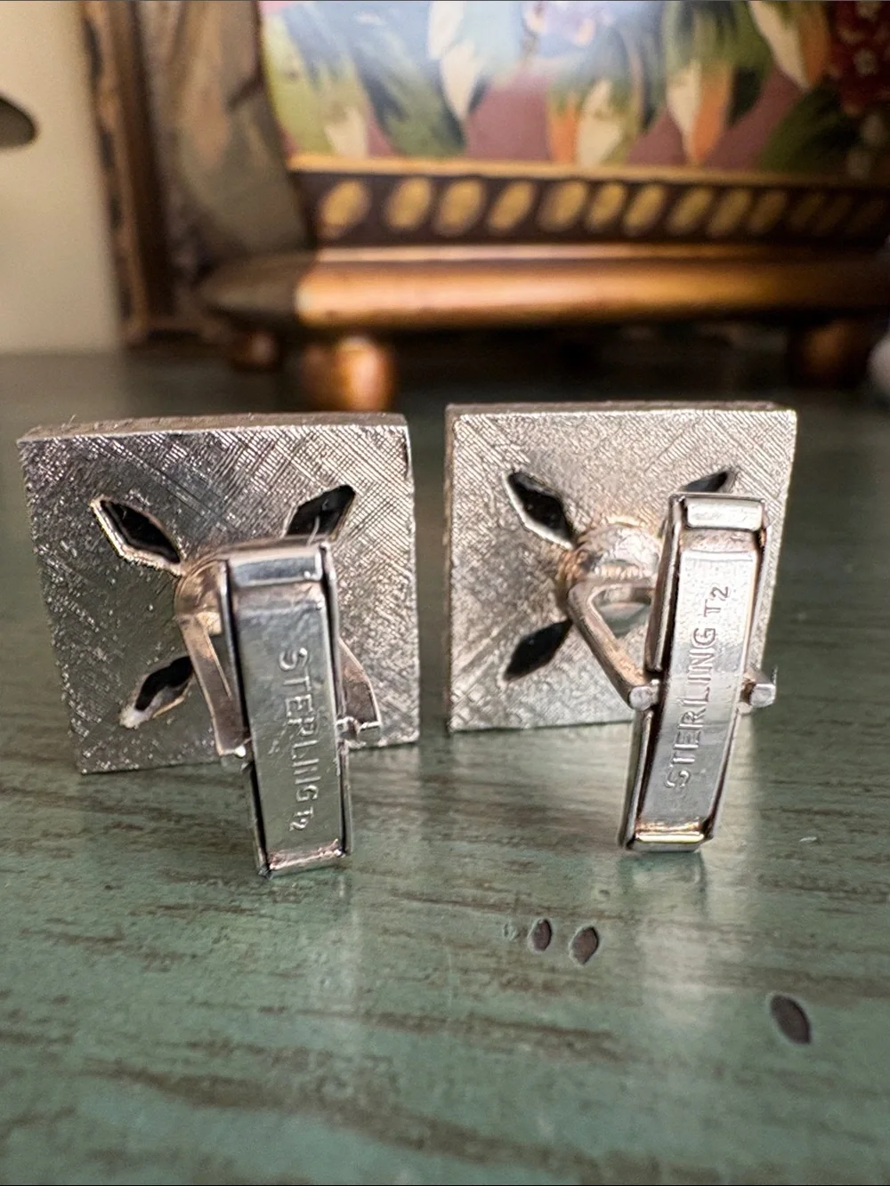 Vintage Sterling Silver Genuine Opal Mosaic Square Cufflinks Estate Jewelry